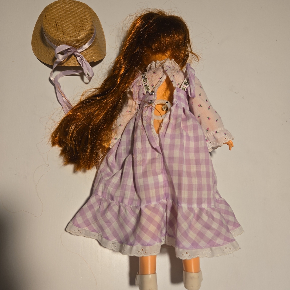 Lavender Gingham Doll Dress with Floral Blouse and Straw Hat